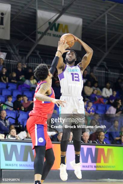 Cole Huff of the Greensboro Swarm shoots the ball during the game against the Delaware 87ers on March 16, 2018 at Greensboro Coliseum in Greensboro,...