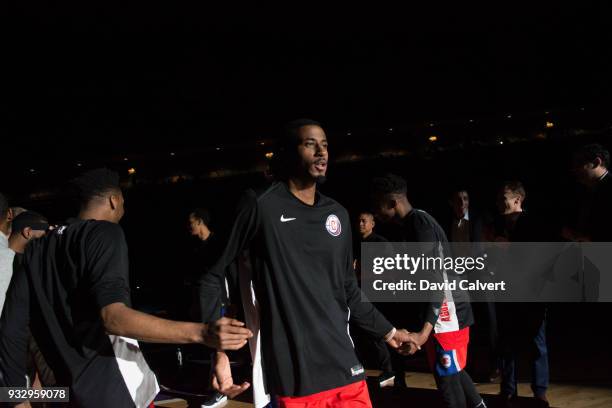 Dakarai Allen of the Agua Caliente Clippers during pregame introductions before playing an NBA G-League game against the Reno Bighorns on March 16,...