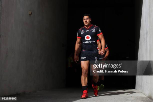 Roger Tuivasa-Sheck of the Warriors leads the team out during the round two NRL match between the New Zealand Warriors and the Gold Coast Titans at...