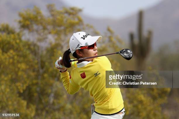 Mi Hyang Lee of South Korea plays a tee shot on the 16th hole during the second round of the Bank Of Hope Founders Cup at Wildfire Golf Club on March...