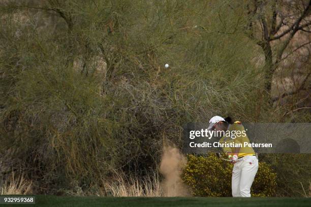 Mi Hyang Lee of South Korea chips from the rough on the 16th hole during the second round of the Bank Of Hope Founders Cup at Wildfire Golf Club on...