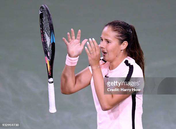 Daria Kasatkina of Russia celebrates a quarterfinal victry over Venus Williams of the United States during the BNP Paribas Open at the Indian Wells...