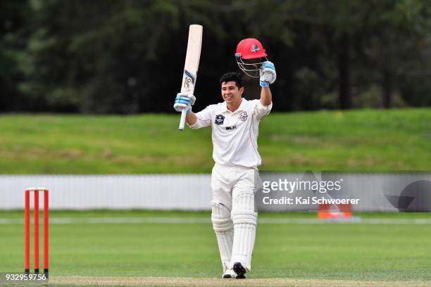 Ken McClure of Canterbury celebrates his century during the Plunket Shield match between Canterbury and Auckland on March 17, 2018 in Rangiora, New...