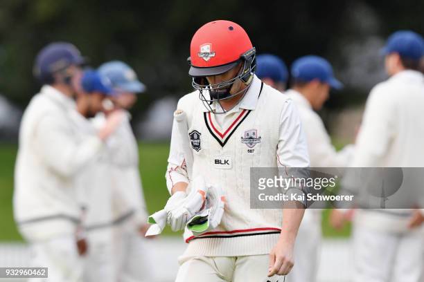 Cole McConchie of Canterbury looks dejected after being dismissed for 99 runs by Lockie Ferguson of the Auckland Aces during the Plunket Shield match...