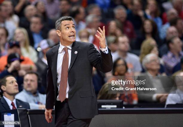 Head coach Tony Bennett of the Virginia Cavaliers gestures to the scoreboard during the game against the UMBC Retrievers in the first round of the...