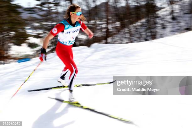 Brittany Hudak of Canada competes in the Women's 7.5 km Standing Classic at Alpensia Biathlon Centre on Day 8 of the PyeongChang 2018 Paralympic...