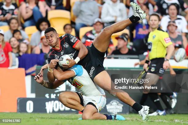 David FusituÕa of the Warriors scores a try during the round two NRL match between the New Zealand Warriors and the Gold Coast Titans at Mt Smart...