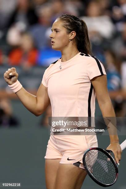 Daria Kasatkina of Russia celebrates a point against Venus Williams during semifinals of the BNP Paribas Open at the Indian Wells Tennis Garden on...