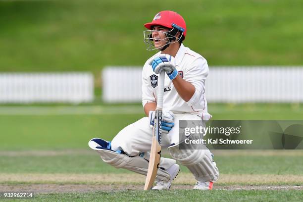Ken McClure of Canterbury reacting during the Plunket Shield match between Canterbury and Auckland on March 17, 2018 in Rangiora, New Zealand.