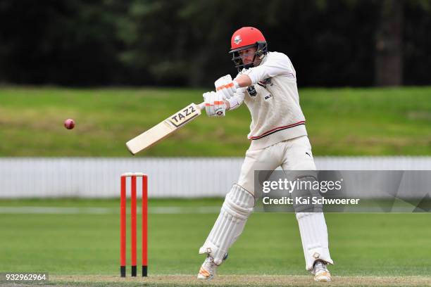 Cole McConchie of Canterbury bats during the Plunket Shield match between Canterbury and Auckland on March 17, 2018 in Rangiora, New Zealand.