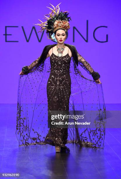 Model walks the runway wearing Sue Wong at Los Angeles Fashion Week Powered by Art Hearts Fashion LAFW FW/18 10th Season Anniversary at The MacArthur...