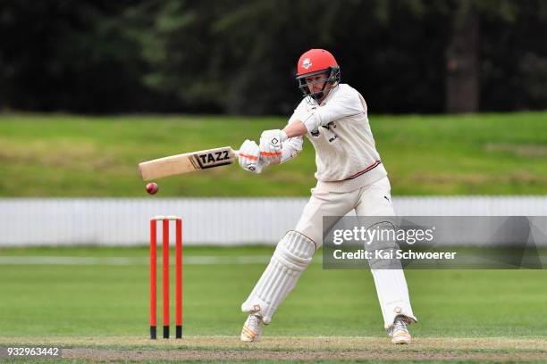 Cole McConchie of Canterbury bats during the Plunket Shield match between Canterbury and Auckland on March 17, 2018 in Rangiora, New Zealand.