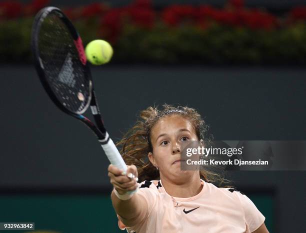 Daria Kasatkina of Russia hits forehand during her semifinals match against Venus Williams of United States during Day 12 of BNP Paribas Open on...