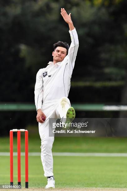 Sean Solia of the Auckland Aces bowls during the Plunket Shield match between Canterbury and Auckland on March 17, 2018 in Rangiora, New Zealand.