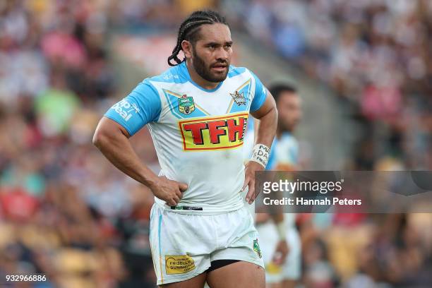 Konrad Hurrell of the Titans looks on after losing the round two NRL match between the New Zealand Warriors and the Gold Coast Titans at Mt Smart...