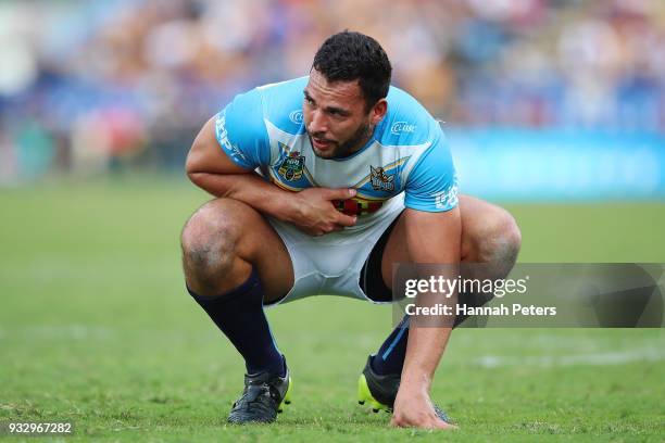 Ryan James of the Titans looks down during the round two NRL match between the New Zealand Warriors and the Gold Coast Titans at Mt Smart Stadium on...