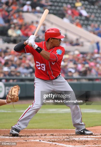 Pedro Severino of the Washington Nationals bats during the Spring Training game against the Detroit Tigers at Publix Field at Joker Marchant Stadium...
