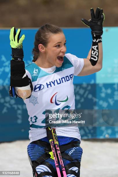 Gold medallist Oksana Masters of USA celebrates during the ceremony for the Women's Cross Country Skiing 5km Sitting on day eight of the PyeongChang...