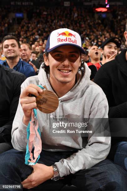 Professional Canadian snowboarder Mark McMorris seen at the game between the Dallas Mavericks and the Toronto Raptors on March 16, 2018 at the Air...