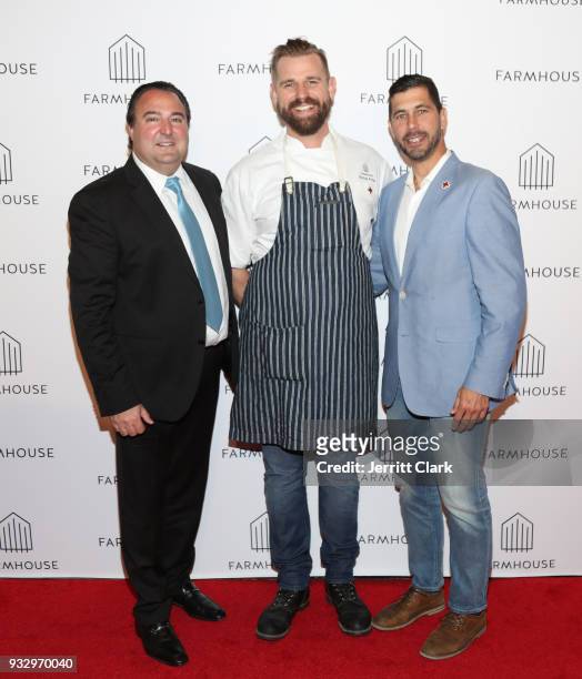 Laurent Halasz, Nathan Peitso and a representitive from the Red Cross attend the Grand Opening of FARMHOUSE Los Angeles on March 16, 2018 in Los...