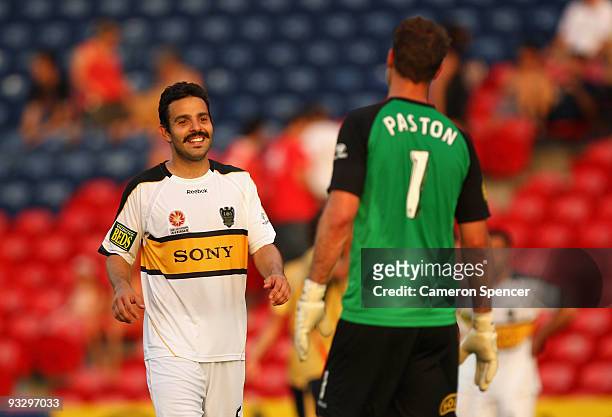 Diego and Mark Paston of the Phoenix smile after winning the round 15 A-League match between the Newcastle Jets and the Wellington Phoenix at...