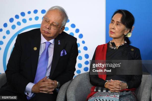 Malaysian Prime Minister Najib Razak and Myanmar State Counsellor Aung San Suu Kyi attend the New Colombo Plan Reception during the ASEAN-Australia...