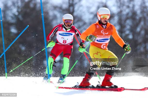 Mac Marcoux of Canada competes in the Men's Slalom Run 2 - Visually Impaired at Alpine Centre during day eight of the PyeongChang 2018 Paralympic...