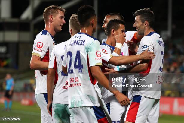 Jason Hoffman of the Newcastle Jets scores a goal during the round 23 A-League match between the Wellington Phoenix and the Newcastle Jets at QBE...