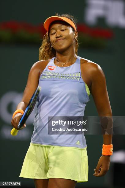 Naomi Osaka of Japan reacts to a point during her semifinal match against Simona Halep of Romania at the BNP Paribas Open - Day 12 on March 16, 2018...