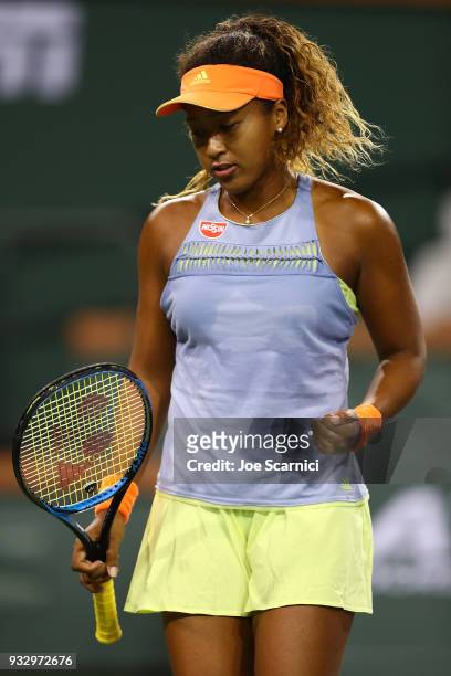 Naomi Osaka of Japan reacts to a point during her semifinal match against Simona Halep of Romania at the BNP Paribas Open - Day 12 on March 16, 2018...