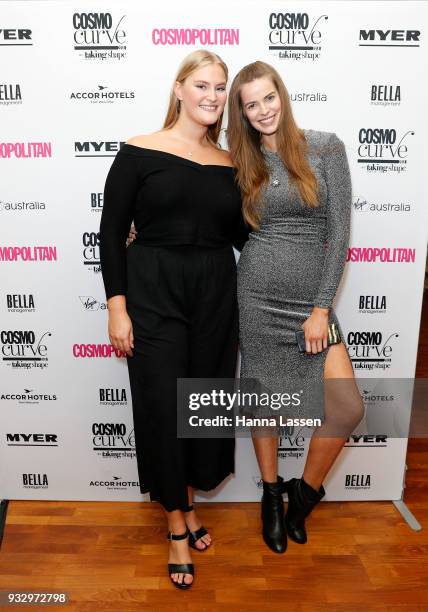 The winner of Cosmo Curve Casting with Robyn Lawley, Sarah Bolt and Robyn Lawley pose at Cosmo Curve casting on March 17, 2018 in Sydney, Australia.