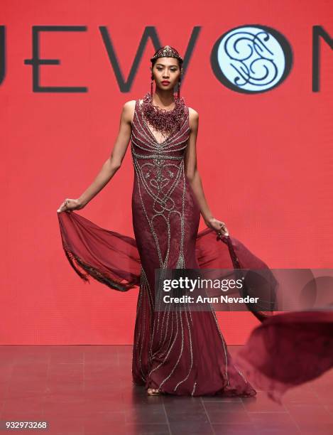 Model walks the runway wearing Sue Wong at Los Angeles Fashion Week Powered by Art Hearts Fashion LAFW FW/18 10th Season Anniversary at The MacArthur...