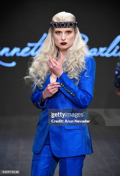 Model walks the runway wearing Kenneth Barlis at Los Angeles Fashion Week Powered by Art Hearts Fashion LAFW FW/18 10th Season Anniversary at The...