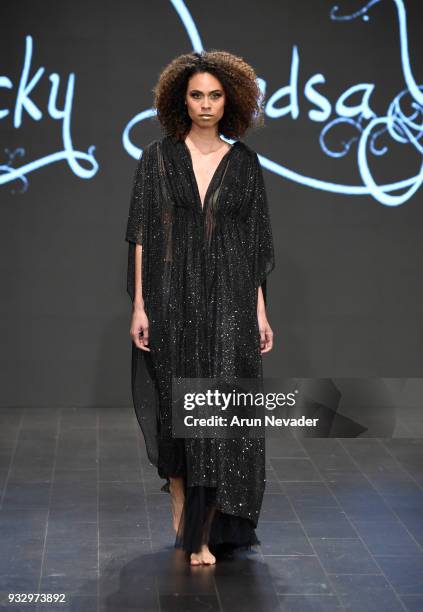 Model walks the runway wearing Ricky Lindsay at Los Angeles Fashion Week Powered by Art Hearts Fashion LAFW FW/18 10th Season Anniversary at The...