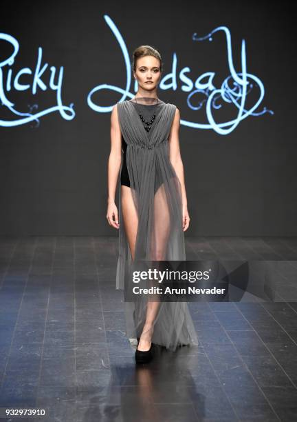 Model walks the runway wearing Ricky Lindsay at Los Angeles Fashion Week Powered by Art Hearts Fashion LAFW FW/18 10th Season Anniversary at The...
