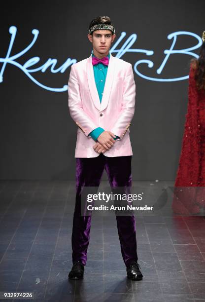 Model walks the runway wearing Kenneth Barlis at Los Angeles Fashion Week Powered by Art Hearts Fashion LAFW FW/18 10th Season Anniversary at The...