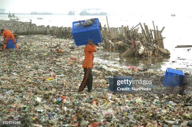 Workers clean up garbage piling up in Jakarta Bay area, Muara Angke, North Jakarta, In March 2018. The contamination of the Jakarta Bay area is...