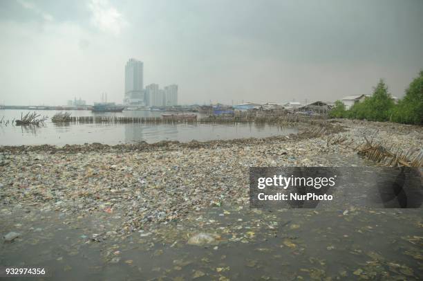 Workers clean up garbage piling up in Jakarta Bay area, Muara Angke, North Jakarta, In March 2018. The contamination of the Jakarta Bay area is...