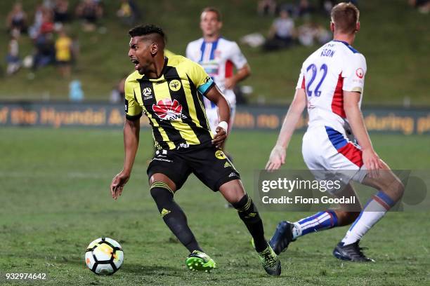 Roy Krishna captain of the Wellington Phoenix looks to shoot during the round 23 A-League match between the Wellington Phoenix and the Newcastle Jets...