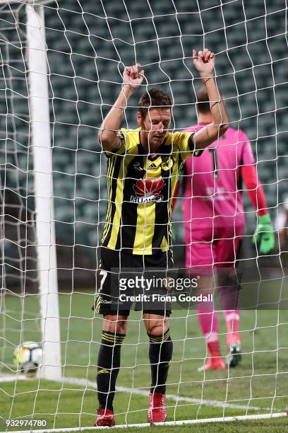 Nathan Burns of the Wellington Phoenix reacts to mised shot at goal during the round 23 A-League match between the Wellington Phoenix and the...