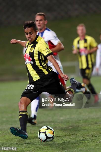 Sarpreet Singh of the Wellington Phoenix takes a shot during the round 23 A-League match between the Wellington Phoenix and the Newcastle Jets at QBE...