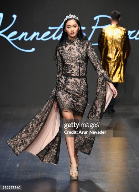 Model walks the runway wearing Kenneth Barlis at Los Angeles Fashion Week Powered by Art Hearts Fashion LAFW FW/18 10th Season Anniversary at The...