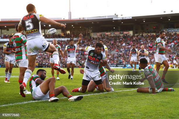 Waqa Blake of the Panthers celebrates scoring a try during the round two NRL match between the Penrith Panthers and the South Sydney Rabbitohs at...
