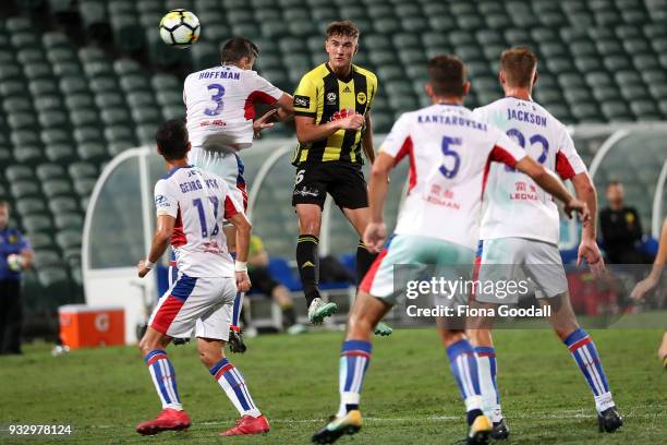 Dylan Fox of the Wellington Phoenix clears the ball during the round 23 A-League match between the Wellington Phoenix and the Newcastle Jets at QBE...