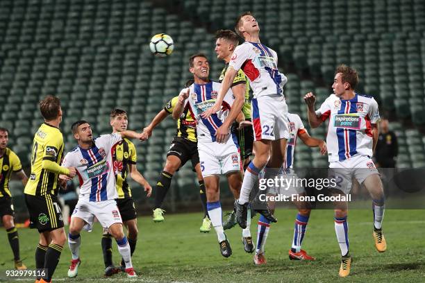 Lachlan Jackson of the Newcastle Jets defends the ball near the goal during the round 23 A-League match between the Wellington Phoenix and the...