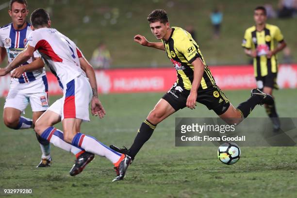 Liberato Cacace of the Wellington Phoenix looks for support during the round 23 A-League match between the Wellington Phoenix and the Newcastle Jets...