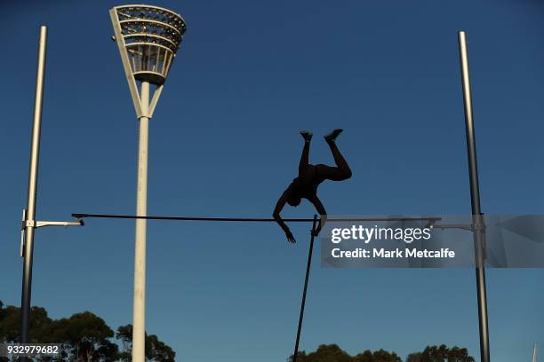 Competitor clears a jump in the Women's Pole Vault during the 2018 Sydney Athletics Grand Prix at Sydney olympic Park Athletics Centre on March 17,...