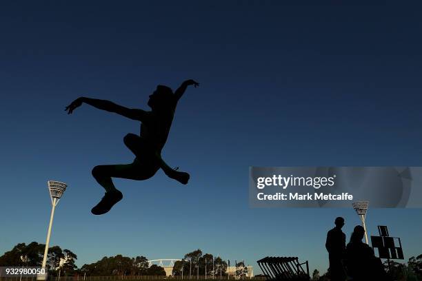 Competitor jumps in the Men's Long Jump during the 2018 Sydney Athletics Grand Prix at Sydney olympic Park Athletics Centre on March 17, 2018 in...