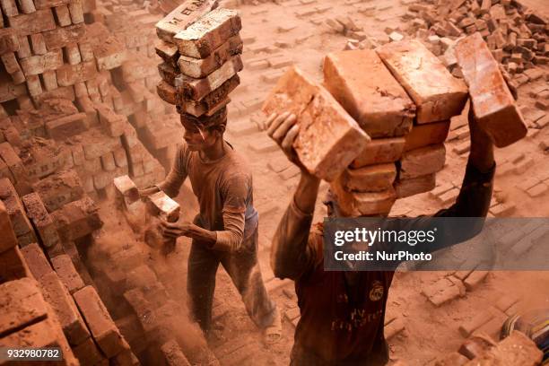 Workers are working in a brickfield in Narayanganj near Dhaka, Bangladesh on March 17, 2018