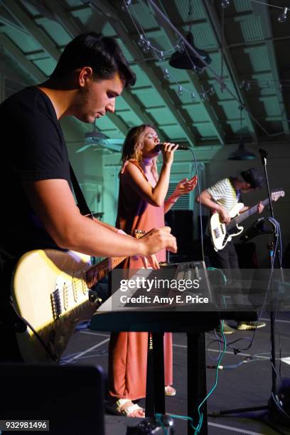 Peter Kedves, Bobe Szecsi, Krisztian Buzas of Belau perform onstage at Sounds from Hungary during SXSW at Palm Door on March 16, 2018 in Austin,...